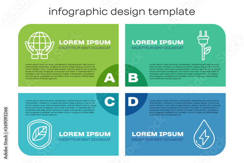 Set line Shield with leaf, Hands holding Earth globe, Water energy and Electric saving plug in leaf. Business infographic template. Vector.
