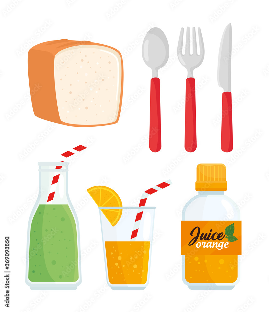 set of juices with bread and utensils
