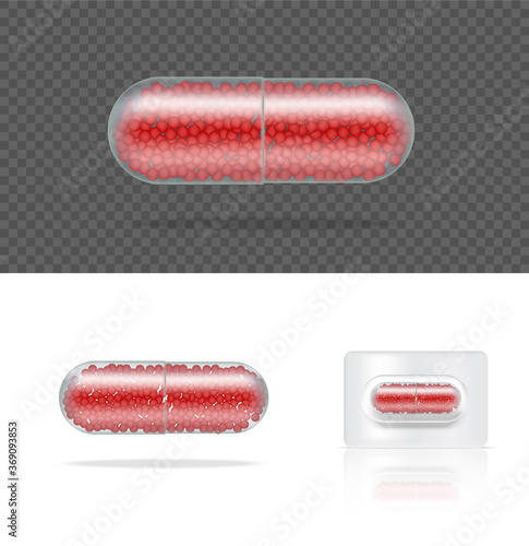 Mock up Realistic Transparent Pill Medicine Capsule Panel on White Background Vector Illustration. Tablets Medical and Health Concept.