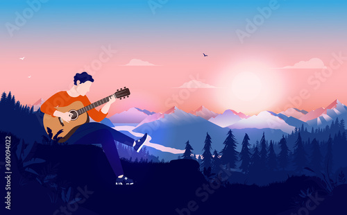 Acoustic guitar player in wilderness - Young man playing guitar on hill at sunset. Nature, forest mountain and sky in background. Vector illustration.