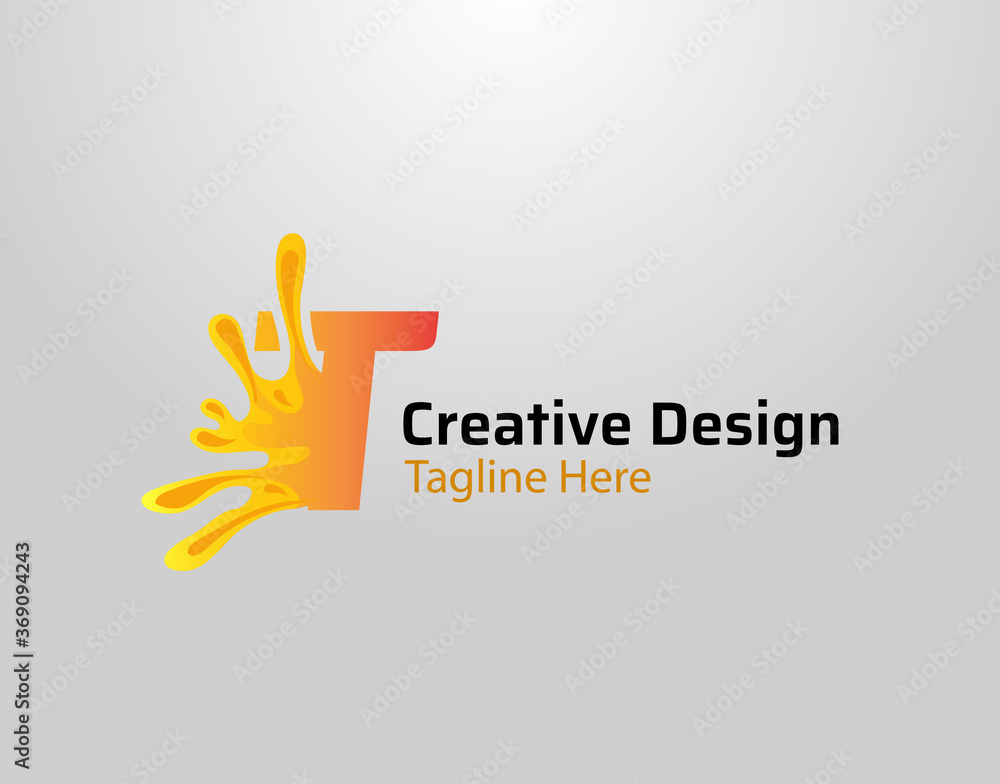 Fototapeta premium Letter T Splash Logo Icon. Initial T with orange splash and drops Design