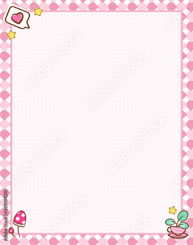 Vector printing paper note with dotted sheet (bullet journal style) for notebook, diary, letters, planners, notes. Kawaii plant in teacup on cute pink background, stars, mushrooms, A4 size