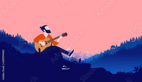 Musician outdoors in nature - Bearded hipster playing guitar in the wild with forest, mountain and landscape in background. Musical inspiration, music learning and freedom songs concept. Vector.