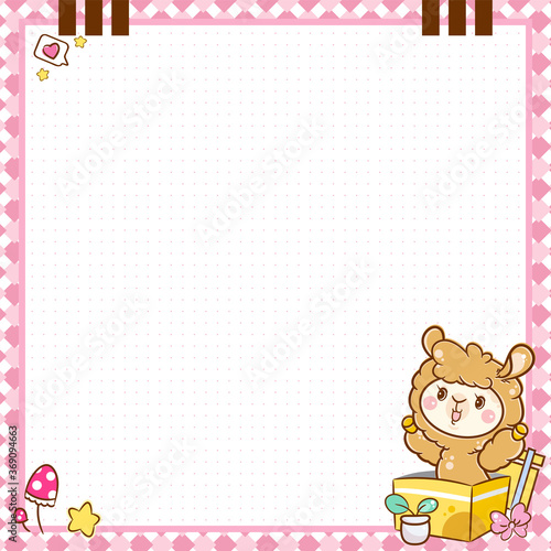 Vector printing paper note with dotted sheet (bullet journal style). Design for square notebook, diary, letters, planners, notes.  Kawaii anime Llama with gift box and plants on cute pink background