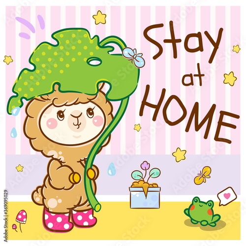 Vector cartoon illustration, kawaii kids style. Cute smiling Alpaca (or llama) with monstera at abstract room with “Stay at Home” text. Lovely elements: flower pot, frog, .stars, water drops