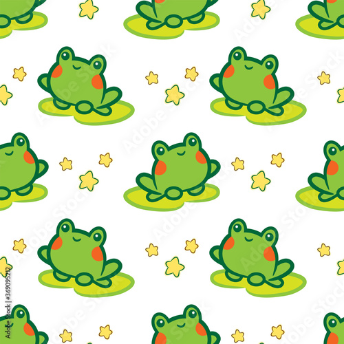 Vector cartoon seamless pattern. Kawaii green toads, frogs with lily leaves and stars. Funny, cute, kids style background, perfect for prints, textures, textile, wallpaper and more