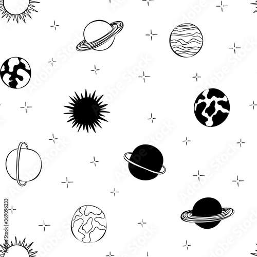 Planets and stars seamless pattern design hand-drawn. Space, universe, planets - fabric wrapping, textile, wallpaper, apparel design.