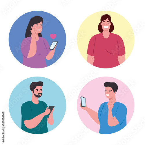 group people using smartphone, social media and communication technology concept