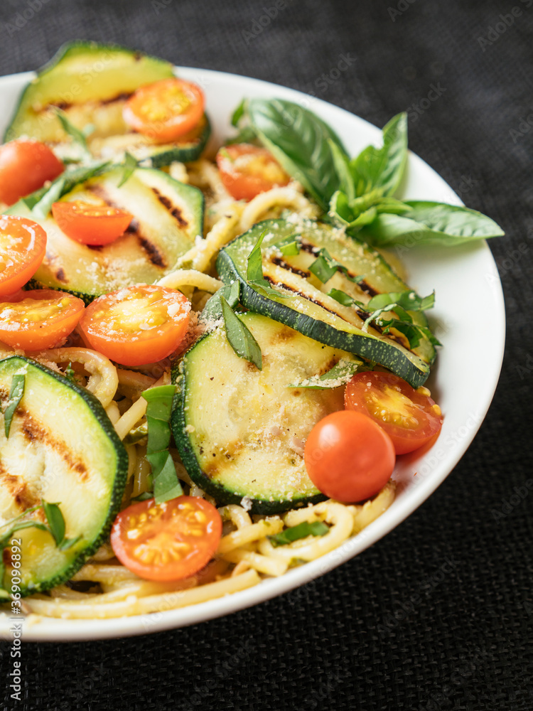 Pasta with Basil Pesto, Grilled Zucchini and Cherry Tomatoes Pasta with Basil Pesto, Grilled Zucchini and Cherry Tomatoes
