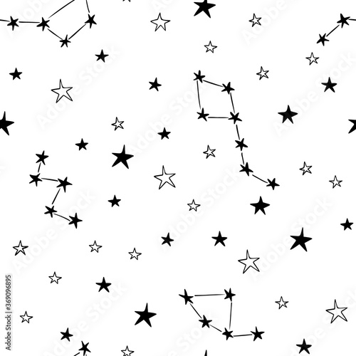 Stars constellations vector seamless pattern design hand-drawn. Space, universe, stars, ursa major, ursa minor, cassiopeia,  - fabric wrapping, textile, wallpaper, apparel design.