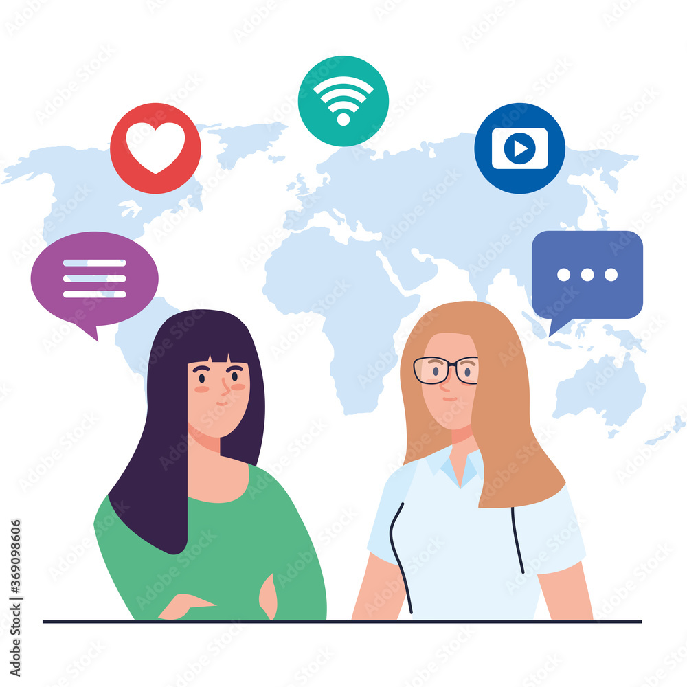 social network, women with world planet and social media icons, global communication concept