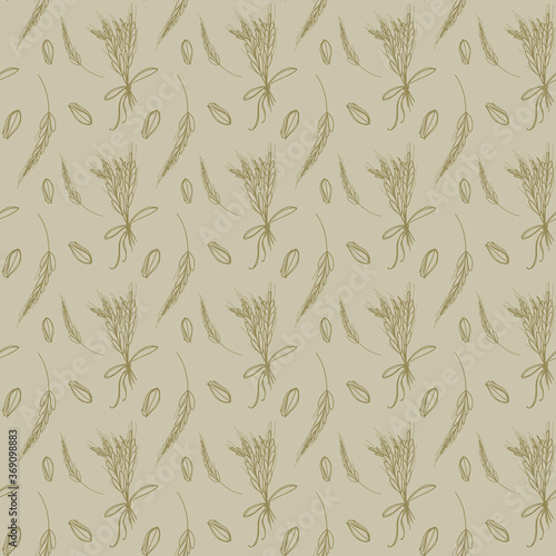 Cute kawaii square pattern of wheat spikelets and grains on a green background isolate. Digital contour doodle art. Print for packaging  brand  wrapping paper  textiles  restaurant menu  bar