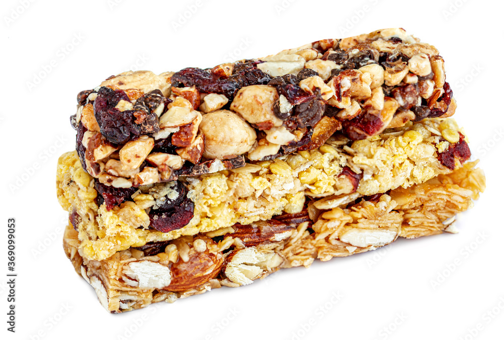 Superfood breakfast bars isolated on white background. Cereal energy Muesli nut bar Top view. Superfood breakfast bars isolated on white background. Cereal energy Muesli nut bar Top view.