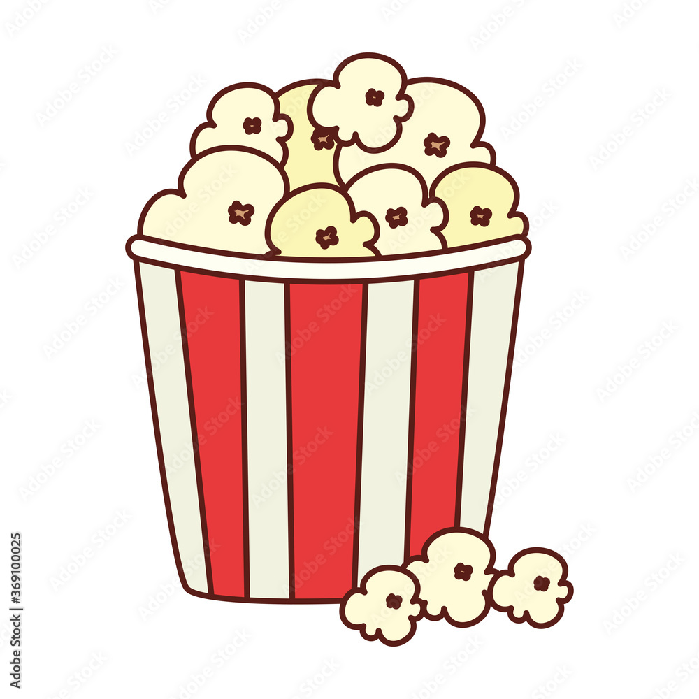 popcorn in red and white stripes package, on white background popcorn in red and white stripes package, on white background