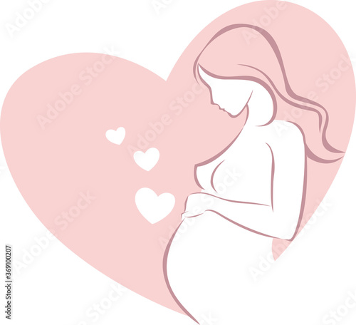 Pregnant woman. Expecting a child with love. Sketch, silhouette outline drawing logo of future mother-to-be in a heart shape. Vector illustration