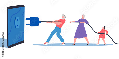 Digital Detox, Social media detox concept illustration in flat style.Grandparents with child disconnecting and doing a digital detox,they are unplugging the phone and being offline.Vector illustration