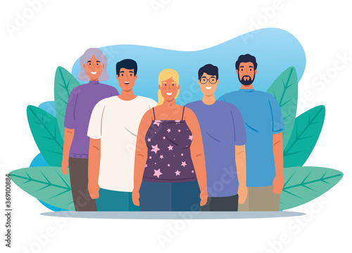 multiethnic group of people together in nature scene, women and men diversity and multiculturalism concept
