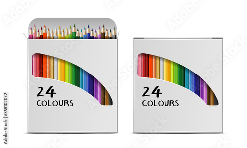 Set of Vector realistic boxes of colored pencils isolated on white background.