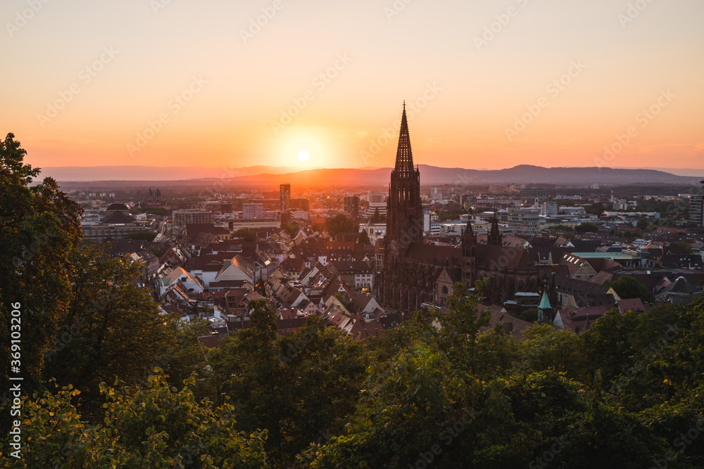 Sunset view of Freiburg im Breisgau in the heart of the Black Forest, in Baden-Württemberg