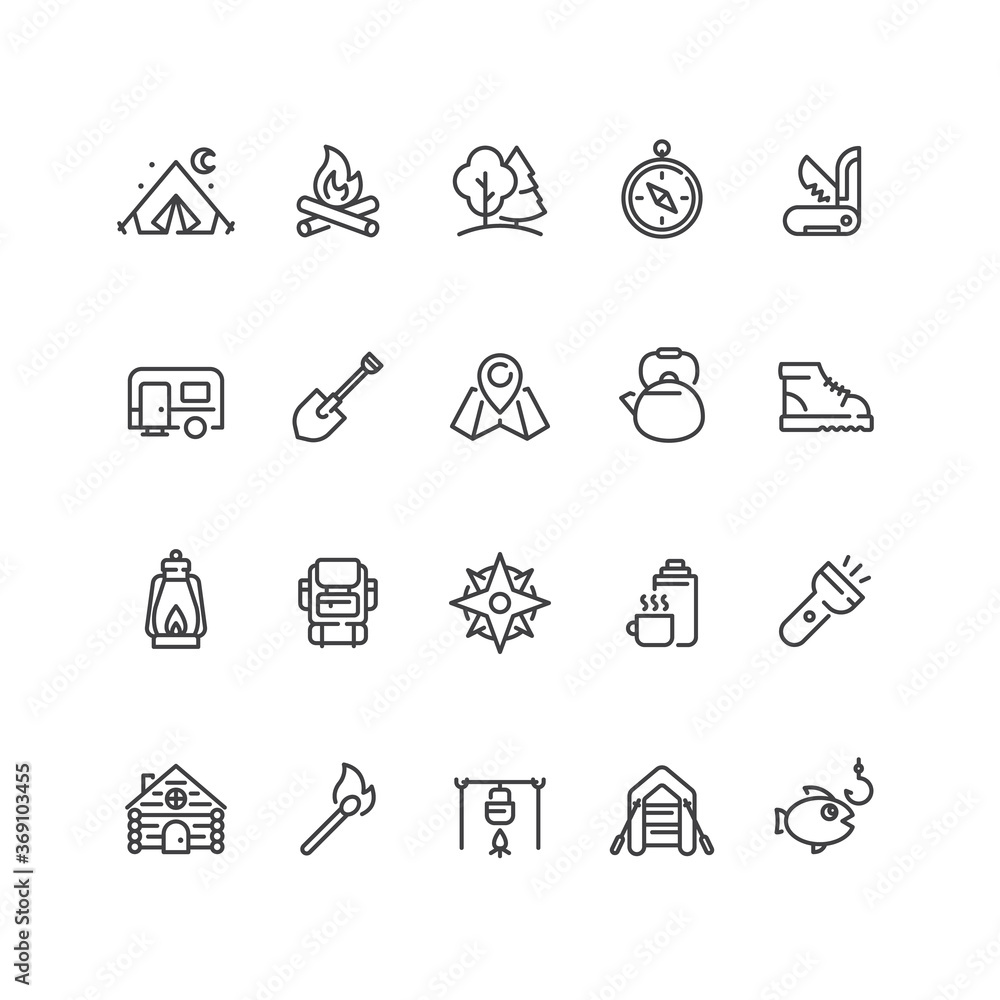 Set of camping icons in line style. Set of camping icons in line style.