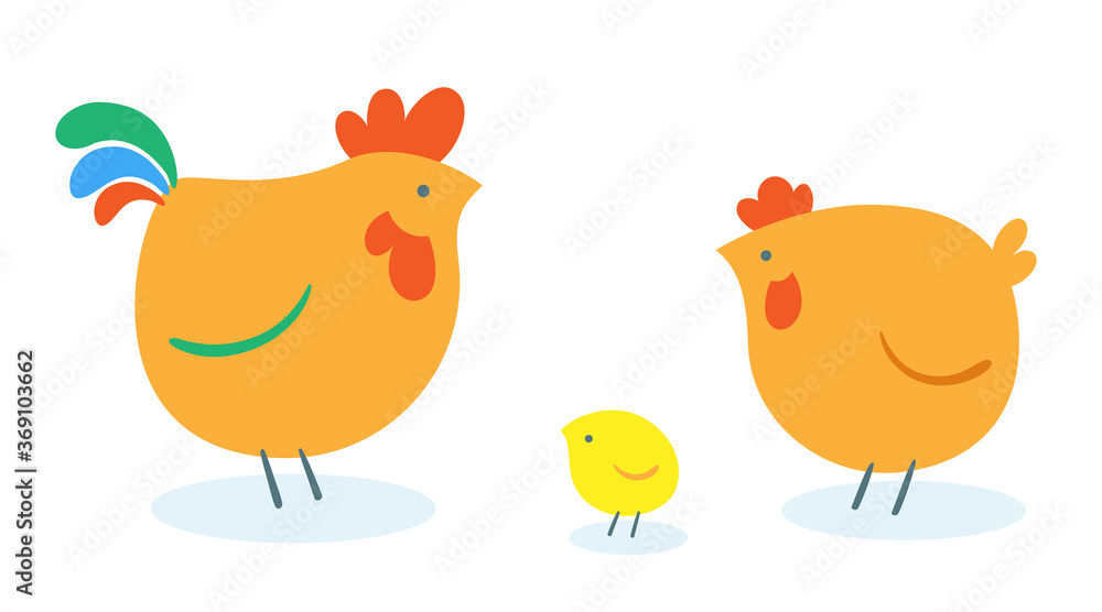 Chicken family logo design.  Cockerel, chicken and chick.  In cartoon simple style. Isolated on white background. Vector illustration.