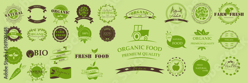 Organic food, farm fresh and 100% natural product, icons, eco, bio, organic,healthy, vegan  and elements collection for food market. Collection of emblem cafe, badges, tags, packaging. Vector