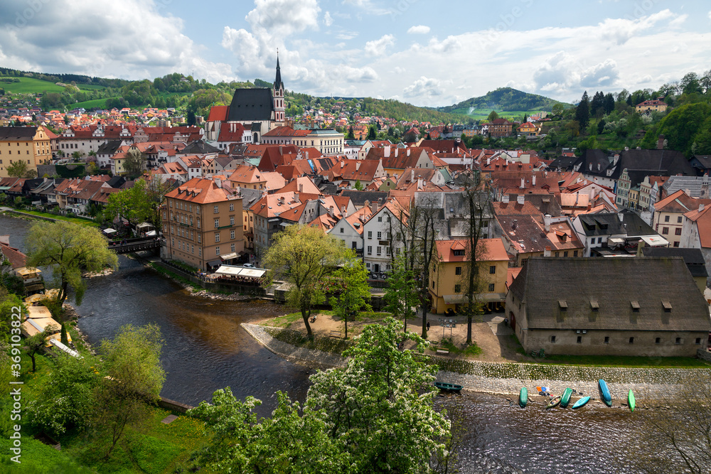 Czech Republic, Prague, Cesky Krumlov - May 2018. City view of the town of Cesky Krumlov from a bird's eye view