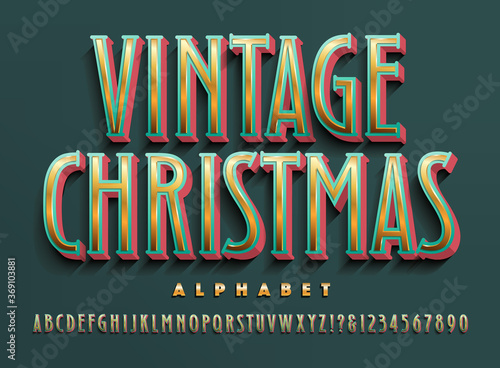 Vector Christmas Alphabet in Red, Green, and Metallic Gold Hues. Festive Old Fashioned Font with a Victorian Era Holiday Look. This Lettering Has 3d Depth, Shiny Reflections, and Shaded Effects.
