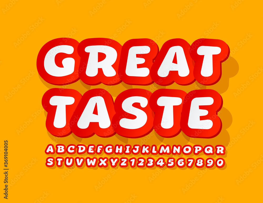Vector quality sign Great Taste. Bright sticker Font. Red and White Alphabet Letters and Numbers