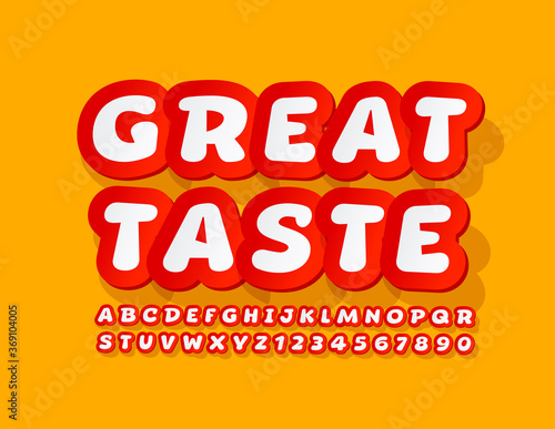 Vector quality sign Great Taste. Bright sticker Font. Red and White Alphabet Letters and Numbers