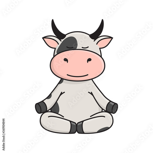 A cute spotted bull or cow is sitting in the Lotus position, doing yoga. The Ox is a symbol of the New year 2021 according to the Eastern calendar. Vector stock flat illustration isolated on a white