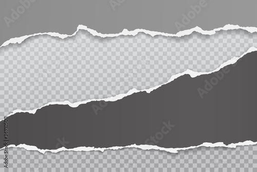 Pieces of torn, ripped black, grey paper with soft shadow are on squared background for text. Vector illustration