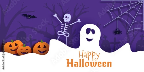 Halloween vector card illustration in paper cut style. White ghost pumpkin and skeleton cut out of cardboard on a dark background recognized. 3D bat flies over cobwebs and graveyard. Halloween banner