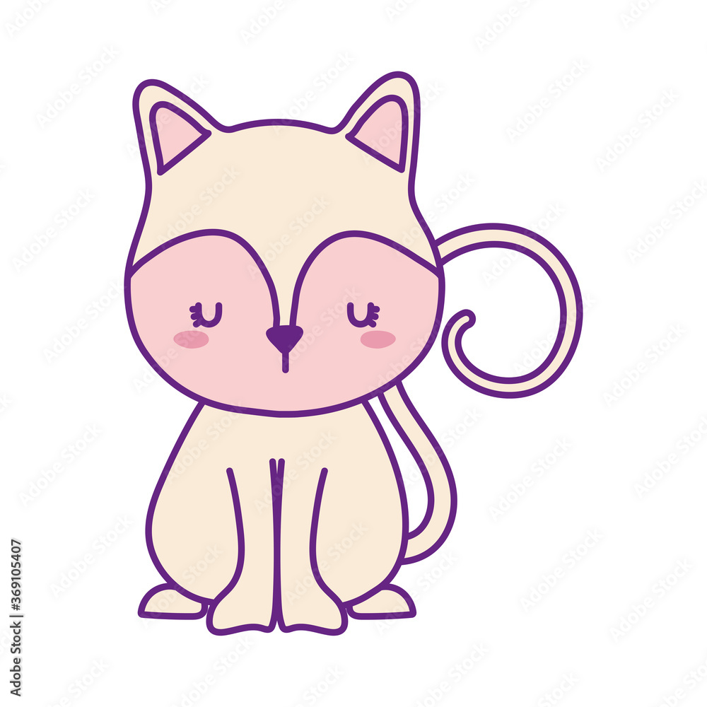 Cute cat cartoon line and fill style icon design, Animal pet kitten domestic feline kitty mammal beautiful and portrait theme Vector illustration