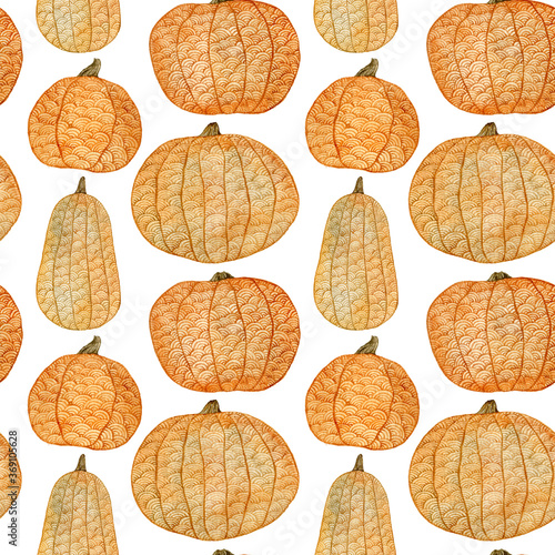 Watercolor hand painted seamless pattern with Halloween pumpkins on white photo