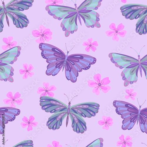 Seamless vector pattern with butterfly and sakura flowers. Decoration print for wrapping  wallpaper  fabric  textile. Spring background.