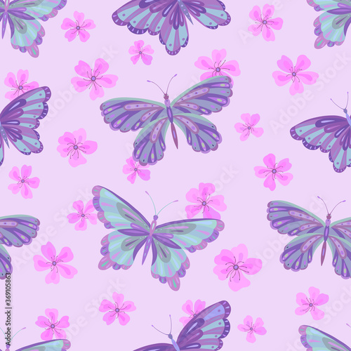 Seamless vector pattern with butterfly and sakura flowers. Decoration print for wrapping, wallpaper, fabric, textile. Spring background.