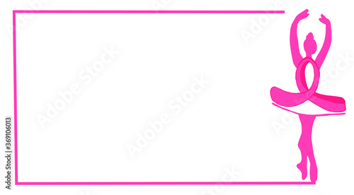 pink ballerina rectangle border, body made with breast cancer prevention symbol, isolated on white background, vector illustration