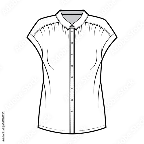 Gentle pleats shirt technical fashion illustration with loose silhouette, regular colar with stand, sleeveless. Flat blouse apparel template front, white color. Women, men unisex top CAD mockup