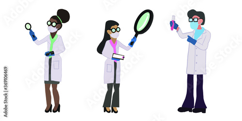 set of cute scientists wearing protective face mask due to coronavirus pandemic, various ethnicities of researchers wearing white coat and glasses, isolated on white background, vector illustration