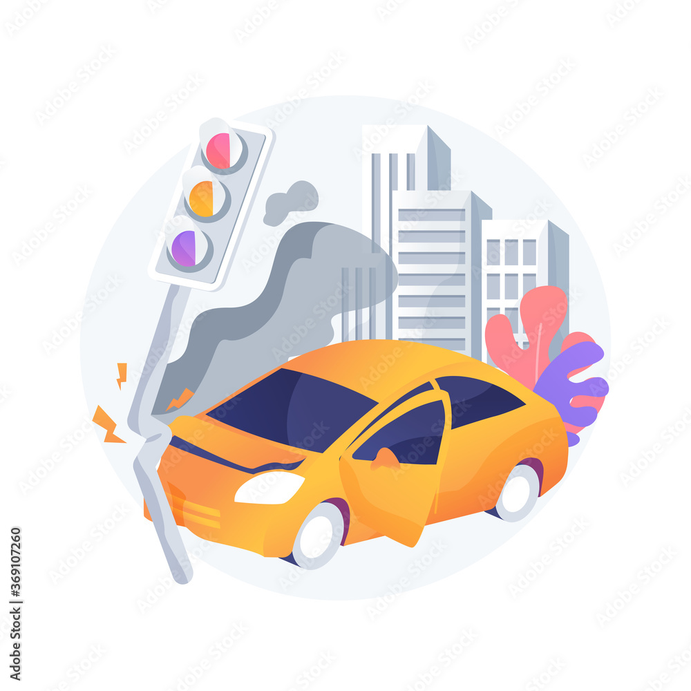 Traffic accident abstract concept vector illustration. Road accident report, traffic laws violation, single car crash investigation, injury statistics, multi-vehicle collision abstract metaphor.