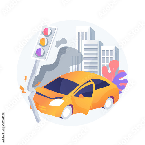 Traffic accident abstract concept vector illustration. Road accident report, traffic laws violation, single car crash investigation, injury statistics, multi-vehicle collision abstract metaphor.