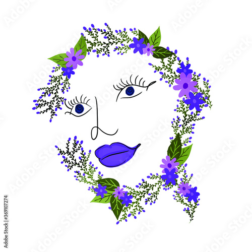 woman face surrounded by flowers, colorful line art, isolated on white background, vector illustration
