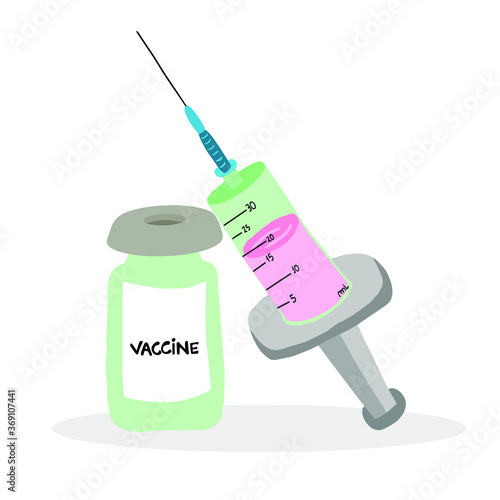 set of vaccine vial and application syringe, isolated on white background, vector illustration flat design
