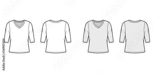 V-neck jersey sweater technical fashion illustration with elbow sleeves, oversized body. Flat outwear apparel template front, back white grey color. Women, men unisex shirt top CAD mockup