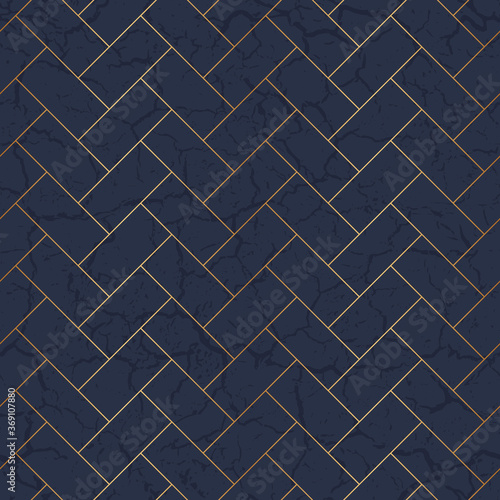 Design marble flooring parquet. Floor tile. Parquetry seamless pattern. Abstract background zigzag grid. Marbling surface tiles with golden geometric lines. Texture laminate with gold herringbone