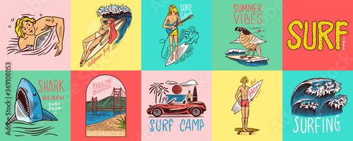  Surf badge, Vintage Surfer logo. Retro Wave and palm. Summer California pins set. Man on the surfboard, beach and sea. Engraved emblem hand drawn. Banner or poster. Sports in Hawaii.