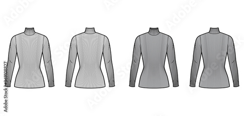 Turtleneck ribbed-knit sweater technical fashion illustration with long sleeves, close-fitting shape tunic length. Flat sweater apparel template front back white grey color. Women men unisex shirt top