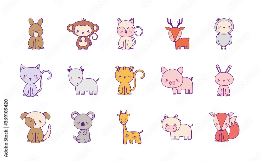 Cute animals cartoons line and fill style set of icons design, zoo life nature and character theme Vector illustration Cute animals cartoons line and fill style set of icons design, zoo life nature and character theme Vector illustration