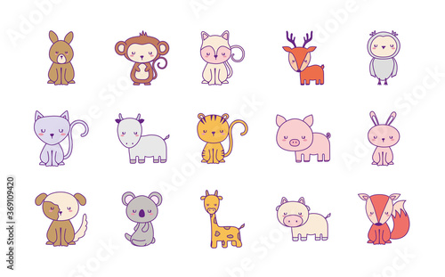 Cute animals cartoons line and fill style set of icons design  zoo life nature and character theme Vector illustration